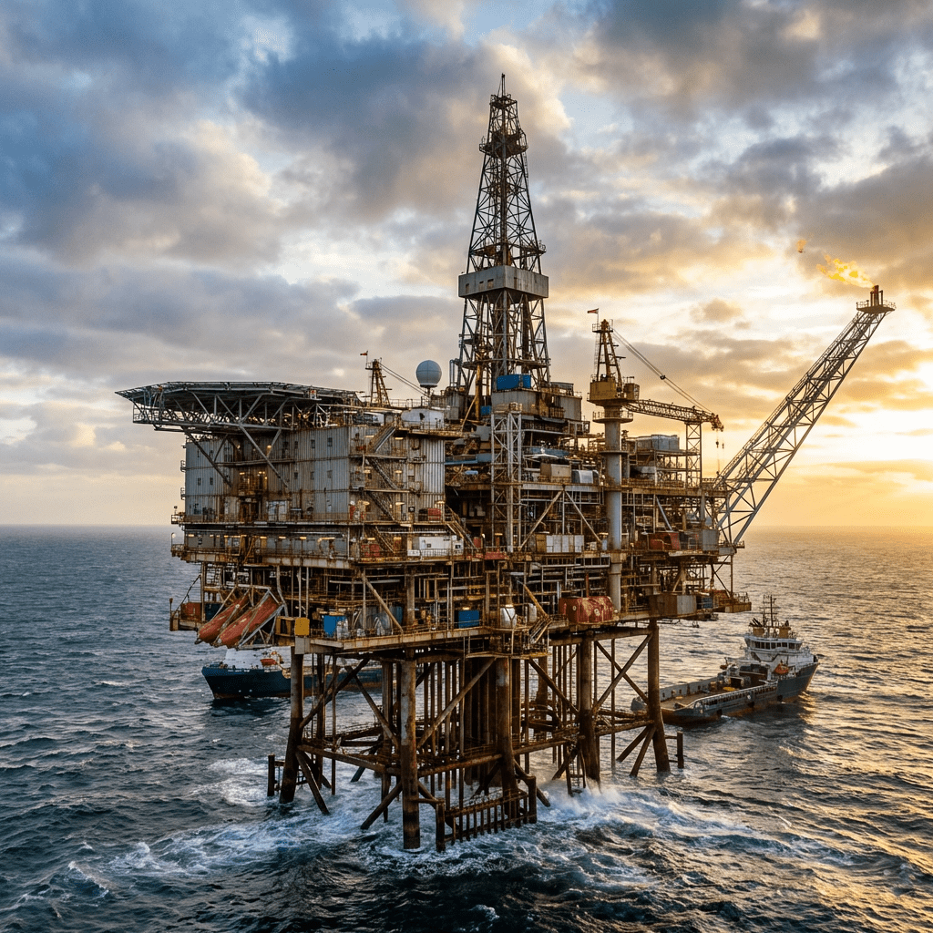 Large industrial oil rig in the ocean with support ships nearby during sunset.