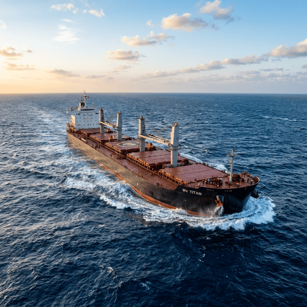 Large bulk carrier ship named MV TITAN sailing across a deep blue ocean.