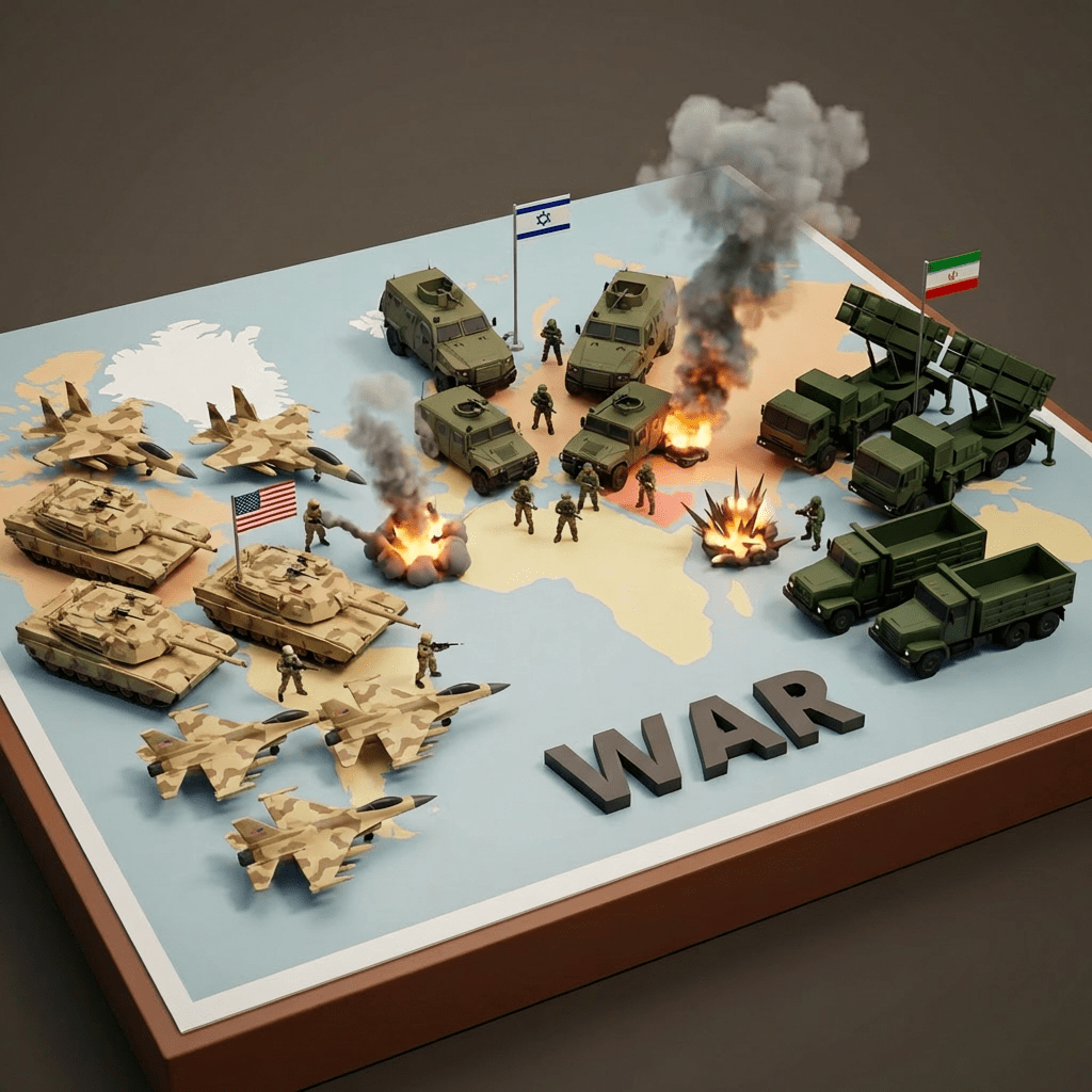 Military miniatures, national flags, and explosions arranged on a world map with the word WAR.
