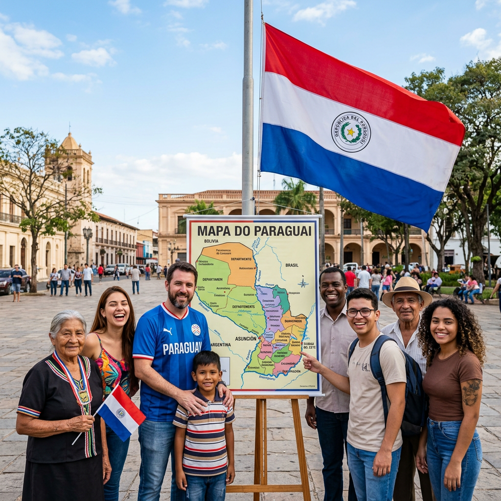 Group of people standing near a map of Paraguay and holding the Paraguay flag outdoors