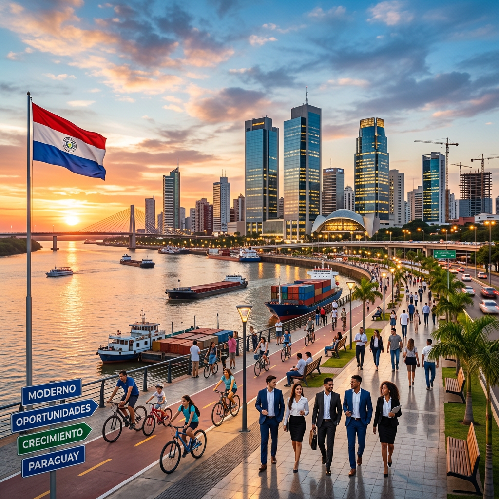 Riverwalk with cyclists and pedestrians alongside a river with container ships and a city skyline at sunset