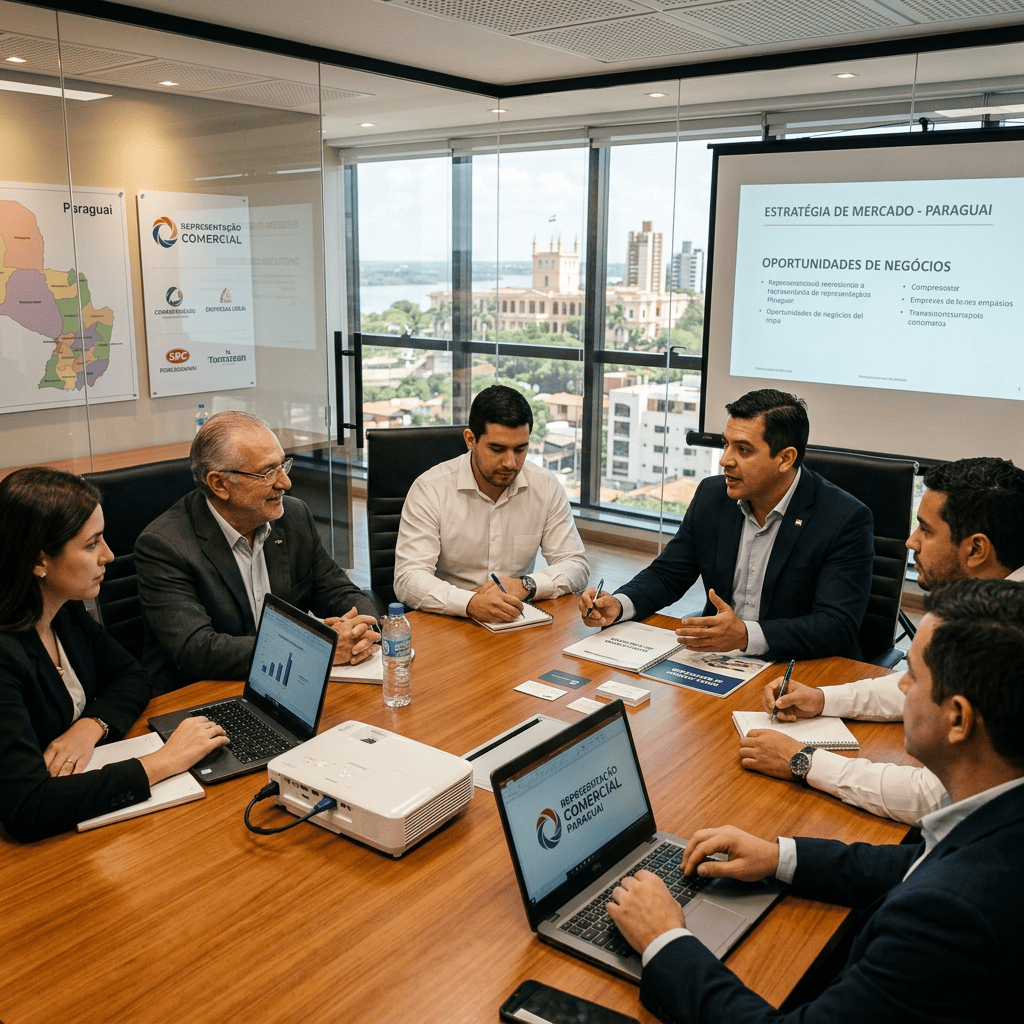 Business professionals having a meeting around a conference table with laptops, notes, and a projected presentation on market strategy in Paraguay