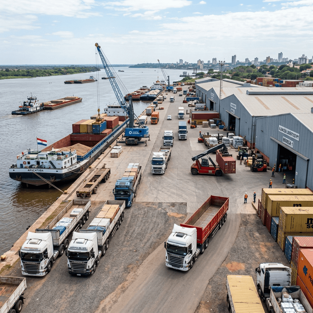 Cargo ships docked at a river port with cranes unloading containers onto trucks and workers operating in the area
