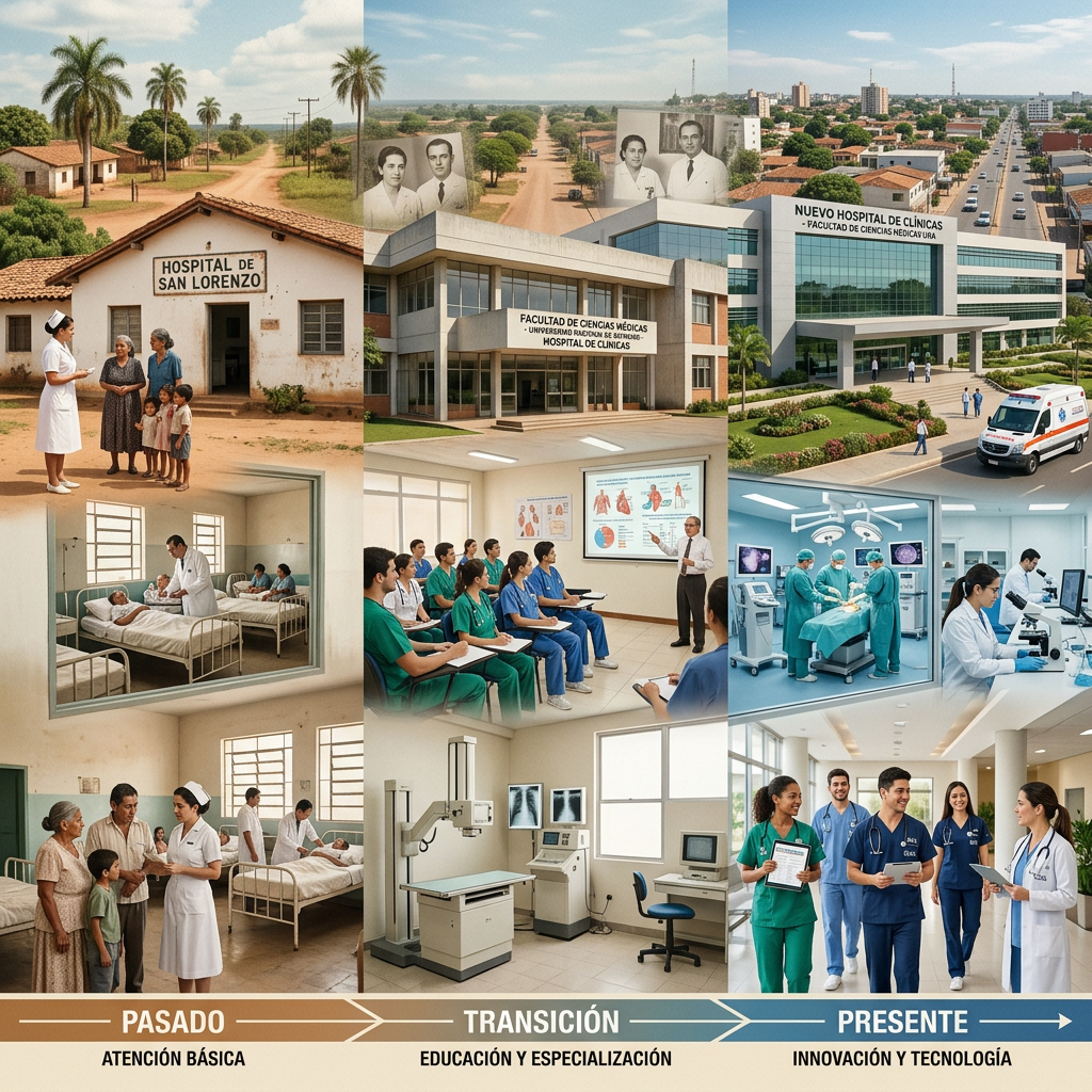 Timeline depicting healthcare evolution from basic care in rural hospital to specialized education and advanced medical technology