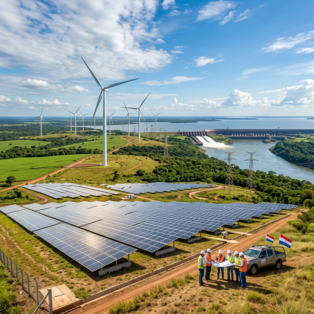 Engineers discussing plans near solar panels, wind turbines, and a hydroelectric dam