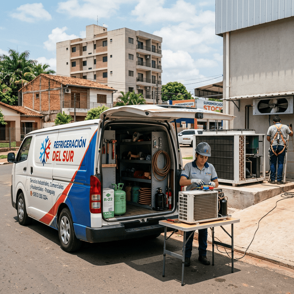 Technician repairing air conditioning unit next to a refrigeration service van
