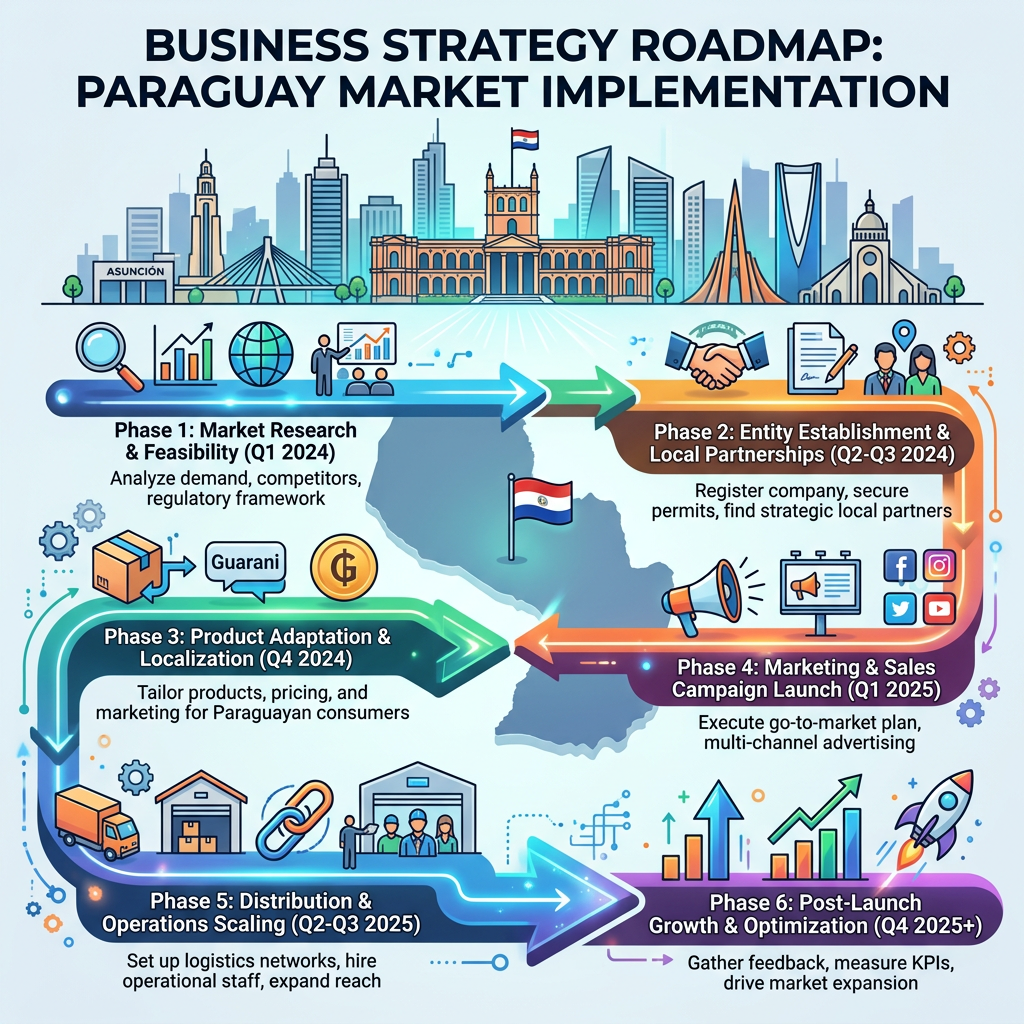 Business strategy roadmap for Paraguay market implementation with six phases from research to post-launch growth