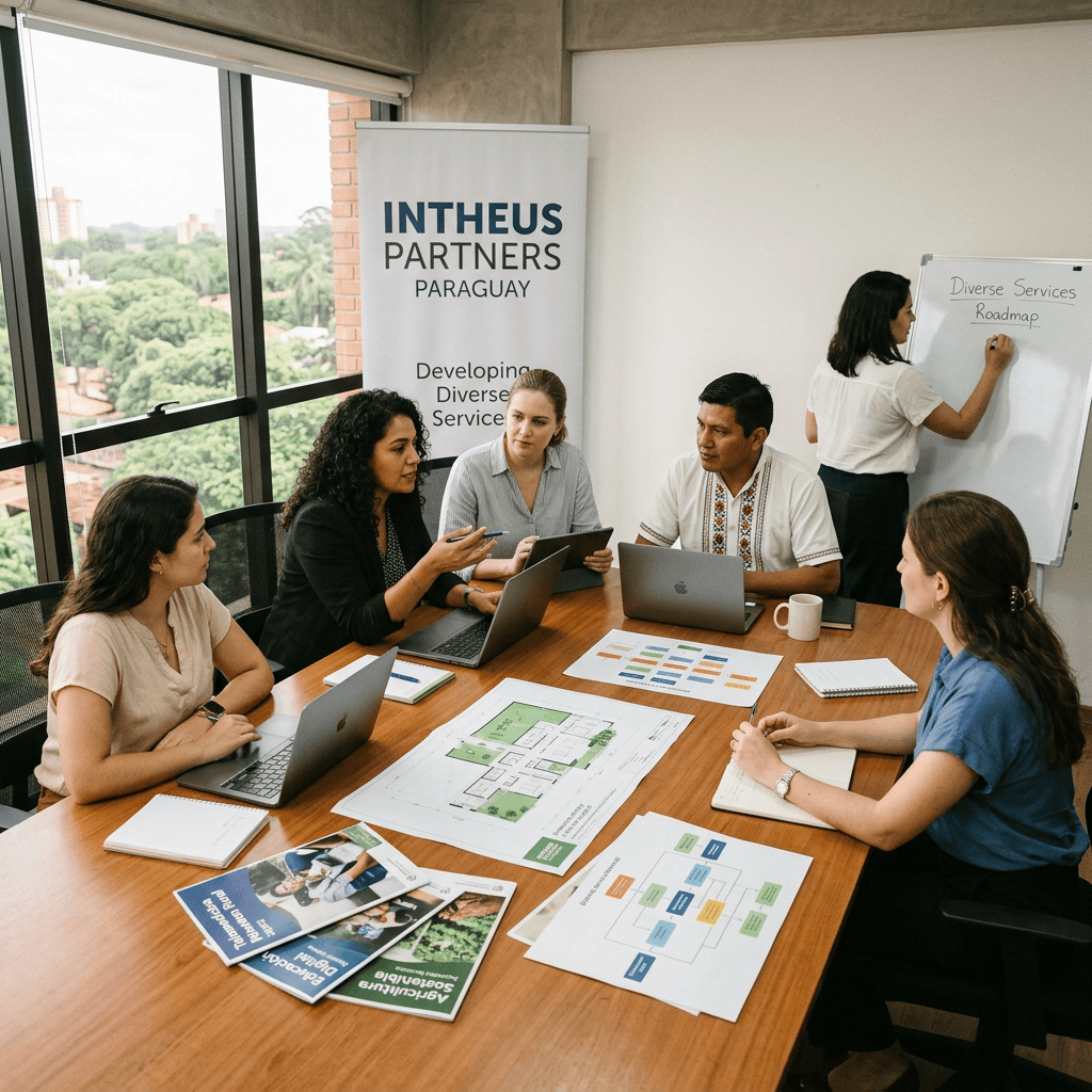 Five people discussing plans at a table with laptops and documents, one writing roadmap on whiteboard